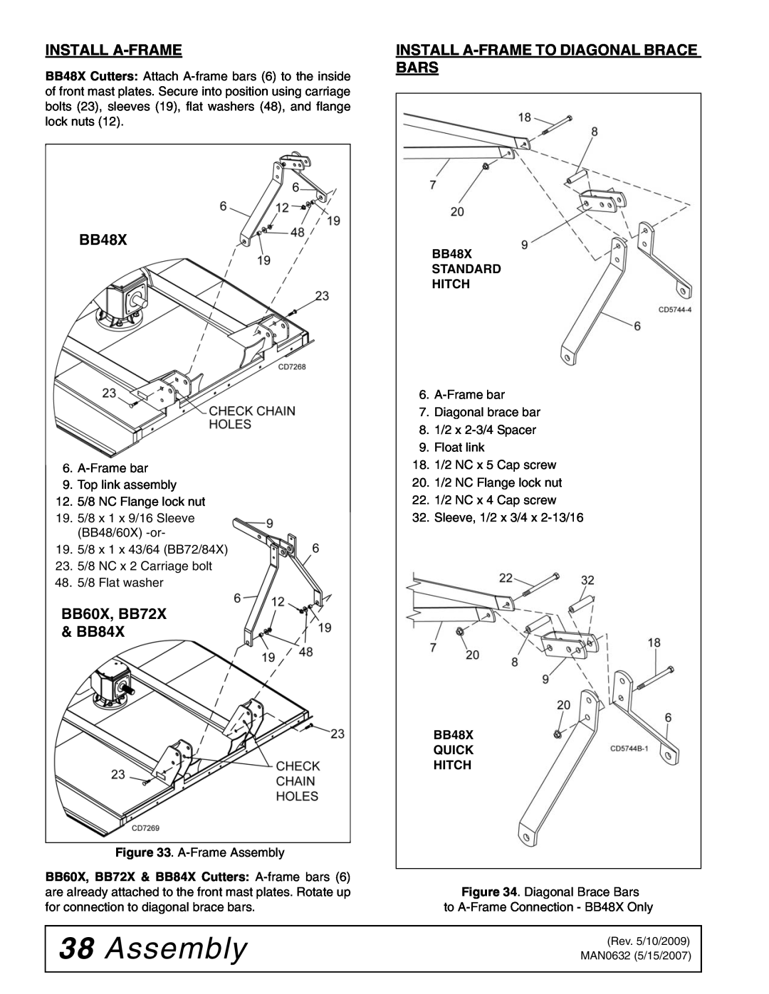 Woods Equipment manual 38Assembly, BB48X, BB60X, BB72X & BB84X, Install A-Frameto Diagonal Brace Bars 
