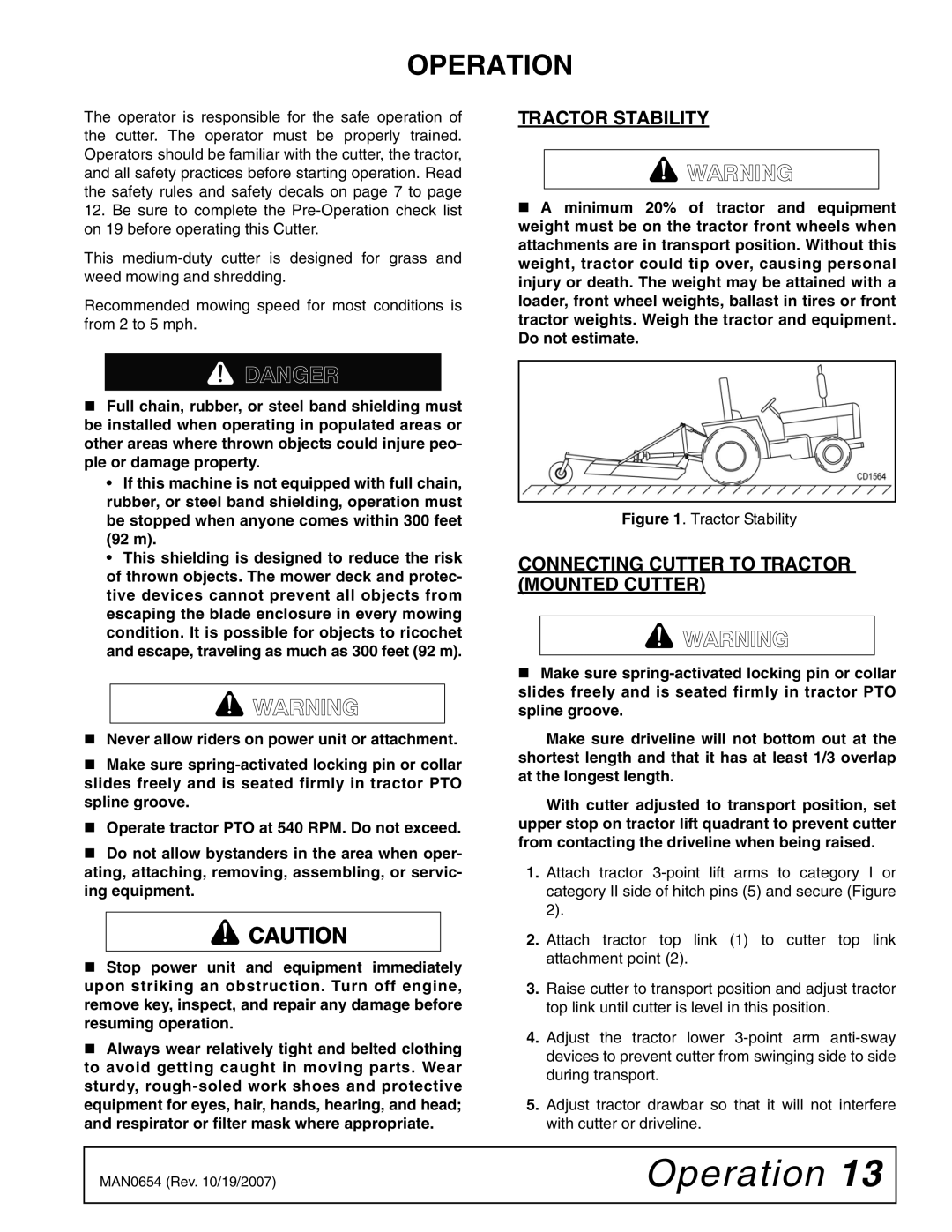 Woods Equipment BB600X, BB840XP, BB720X manual Operation, Tractor Stability, Connecting Cutter to Tractor Mounted Cutter 