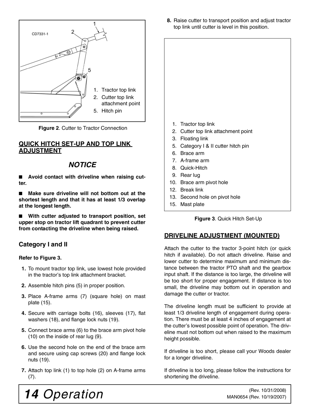 Woods Equipment BB840XP, BB600X manual Quick Hitch SET-UP and TOP Link Adjustment, Category I, Driveline Adjustment Mounted 