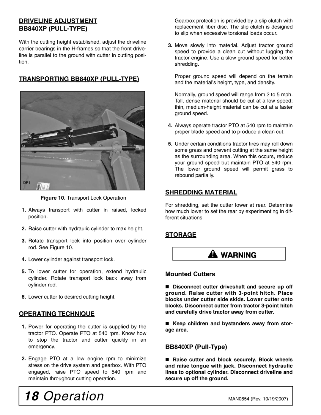 Woods Equipment BB600X Driveline Adjustment BB840XP PULL-TYPE, Transporting BB840XP PULL-TYPE, Operating Technique 