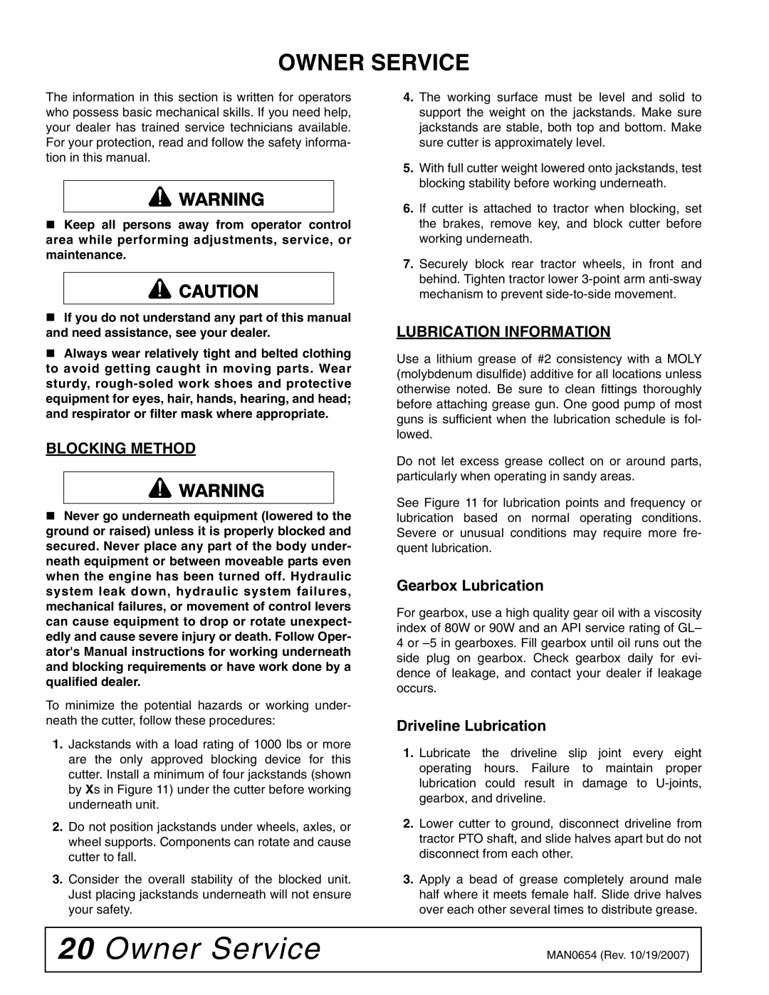 Woods Equipment BB600X, BB840XP, BB720X manual Owner Service, Blocking Method, Lubrication Information 