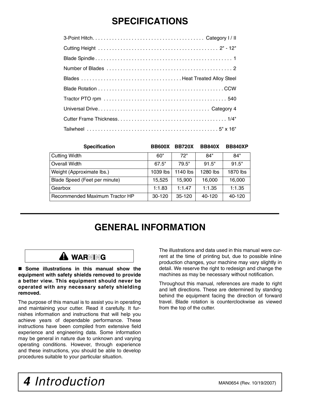 Woods Equipment BB600X, BB840XP, BB720X manual Specifications, General Information 