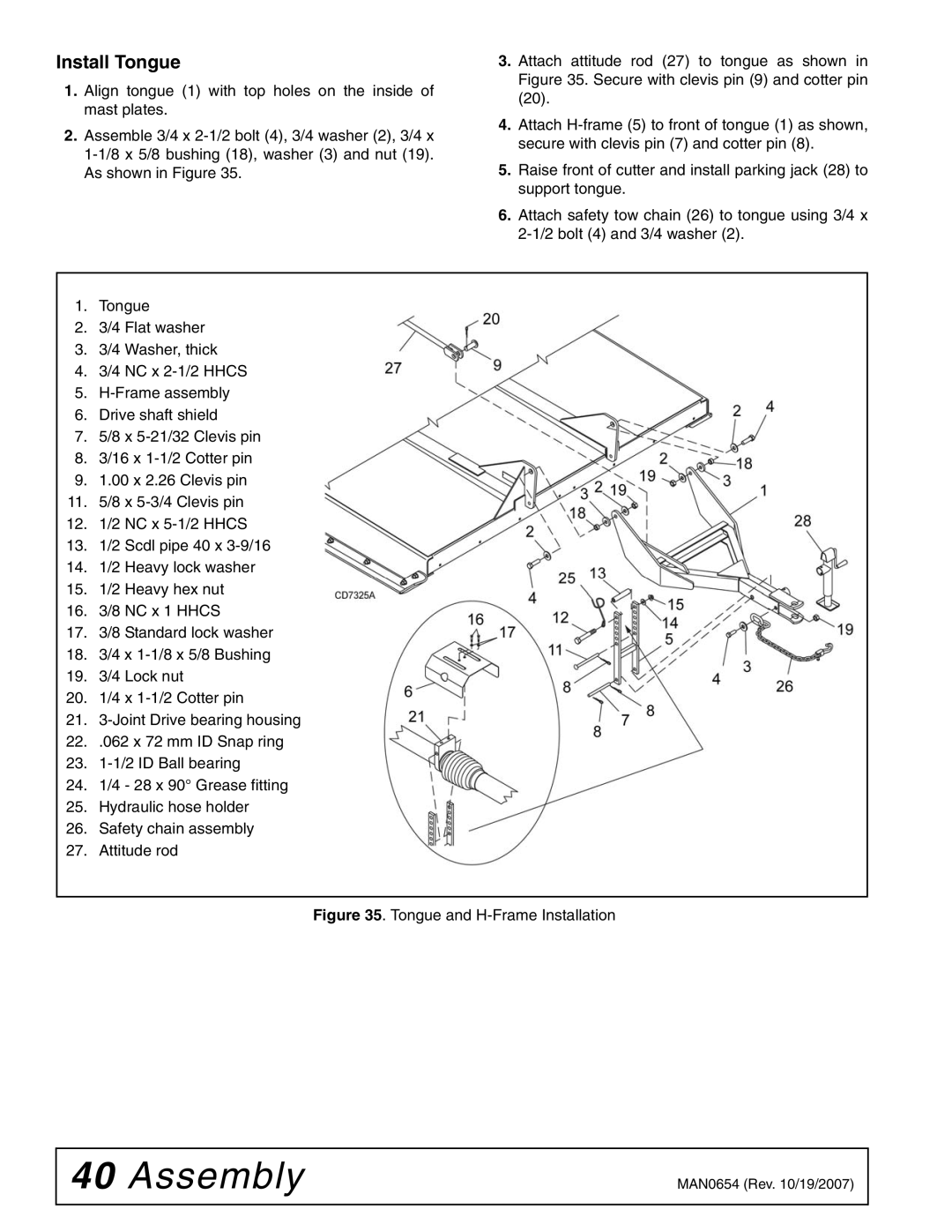 Woods Equipment BB600X, BB840XP, BB720X manual Install Tongue, Tongue and H-Frame Installation 