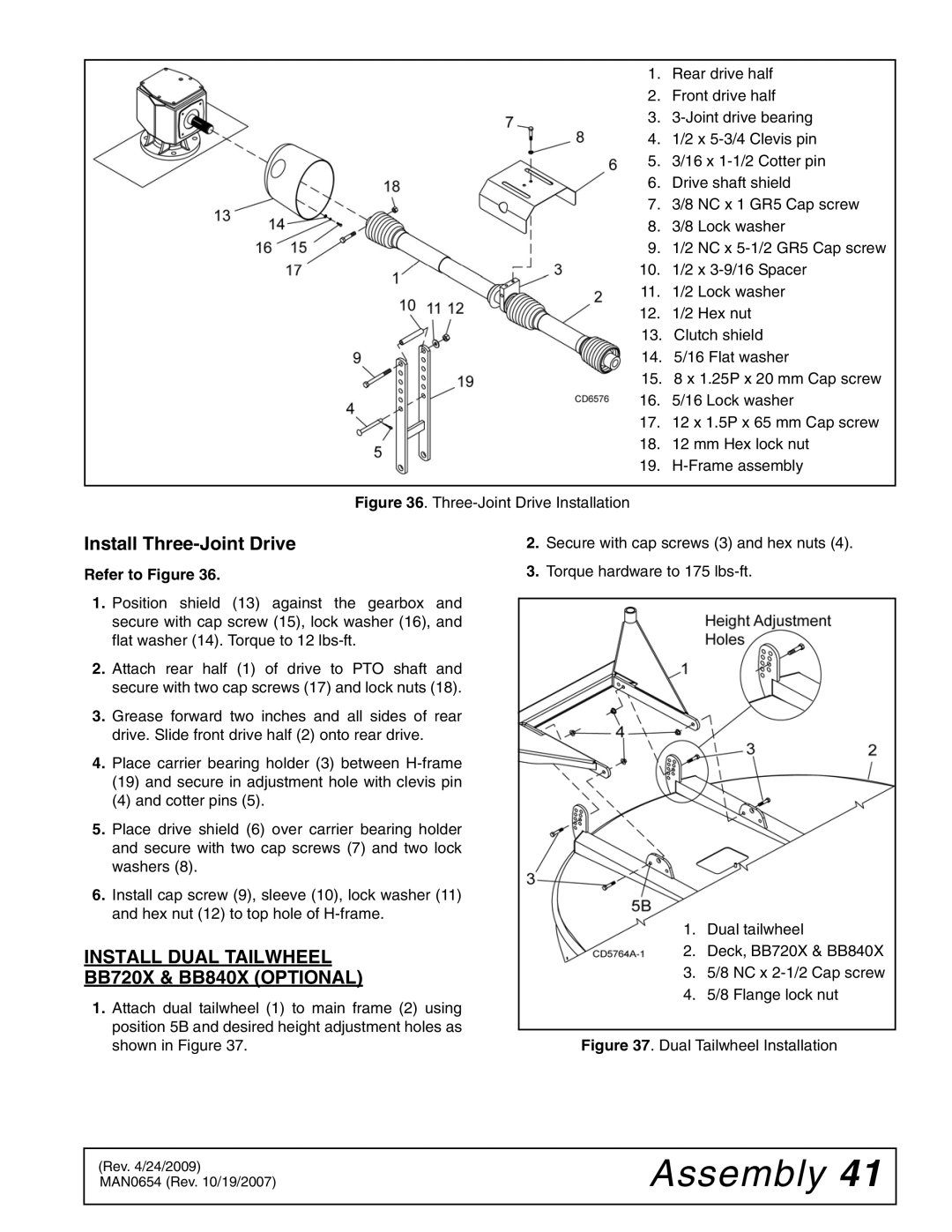 Woods Equipment BB600X, BB840XP manual Install Three-Joint Drive, Install Dual Tailwheel BB720X & BB840X Optional 