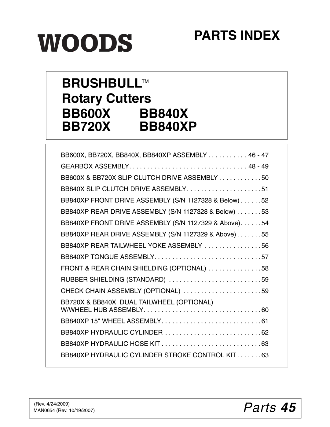 Woods Equipment BB600X, BB840XP, BB720X manual Parts Index Brushbulltm 