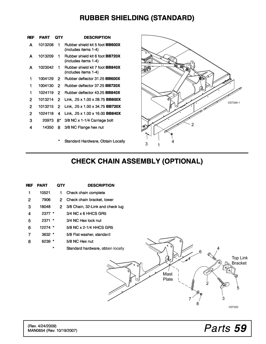 Woods Equipment BB720X, BB600X, BB840XP Rubber Shielding Standard, Check Chain Assembly Optional, Parts, Description 