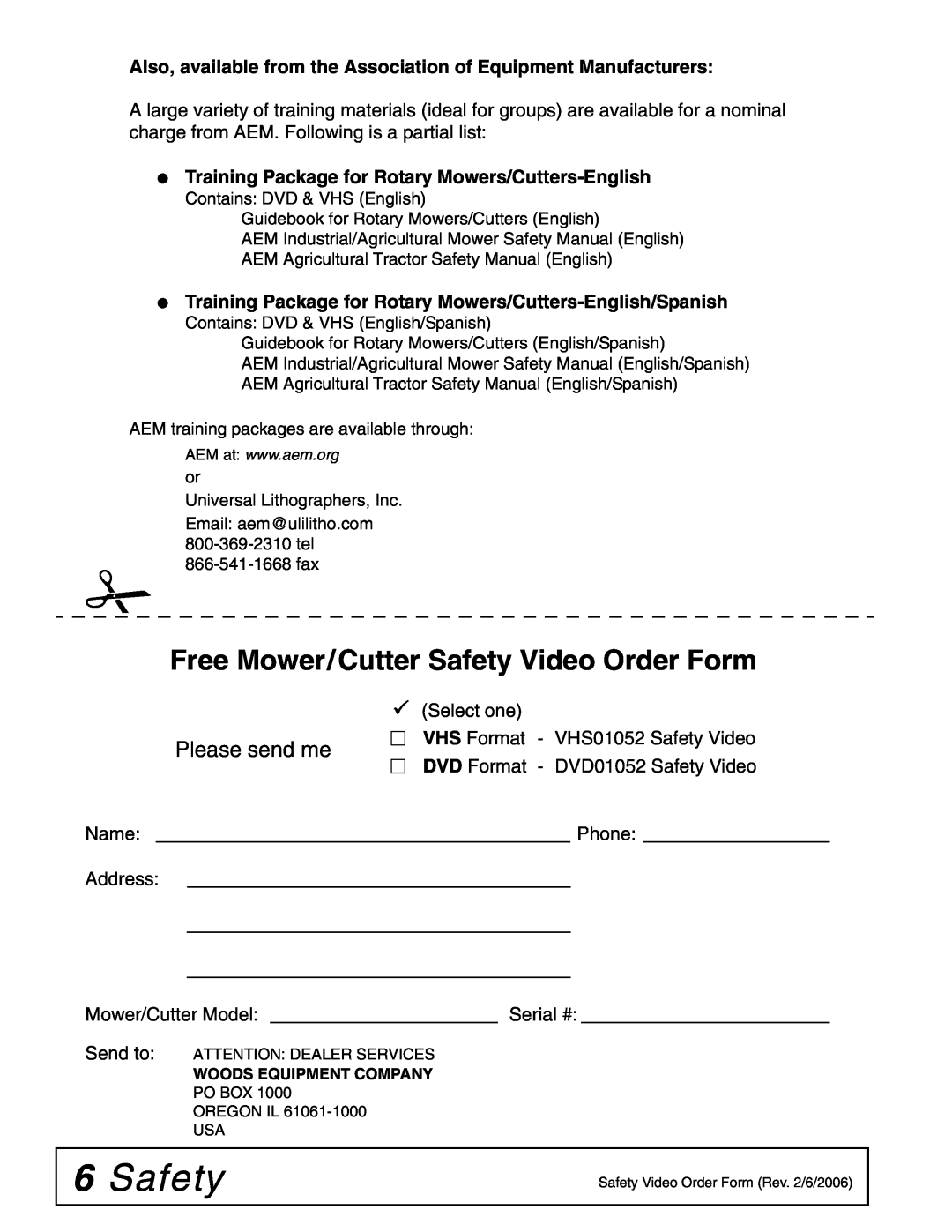 Woods Equipment BB840XP, BB600X, BB720X manual Free Mower/Cutter Safety Video Order Form, Please send me 