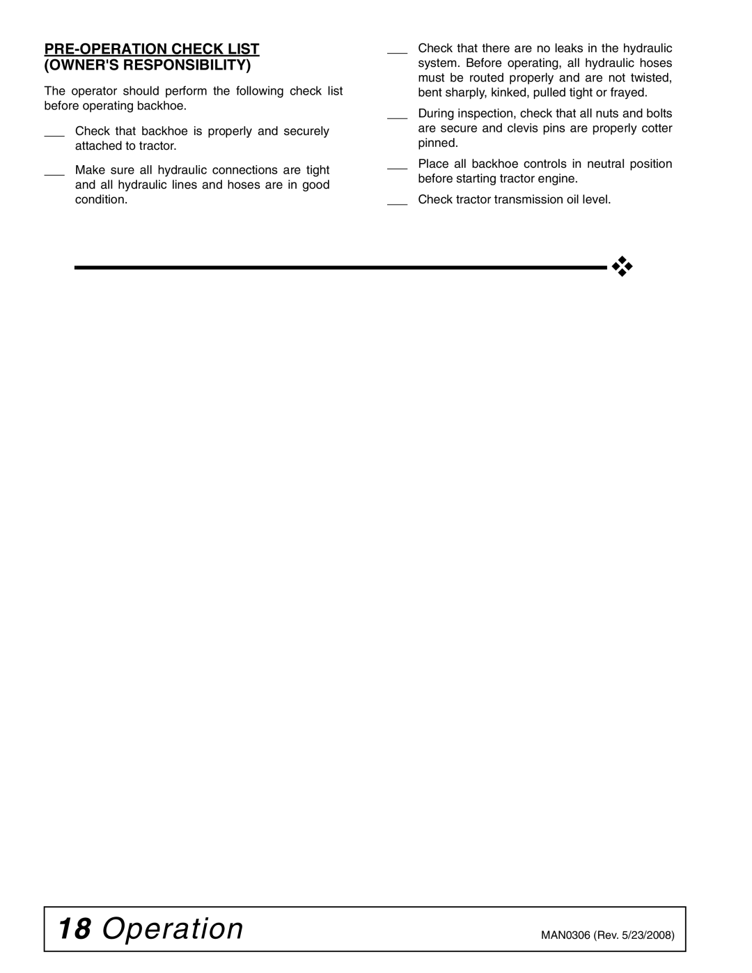 Woods Equipment BH6000 manual PRE-OPERATION Check List Owners Responsibility 