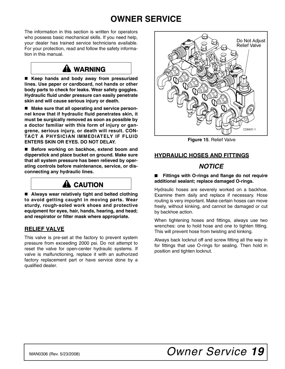 Woods Equipment BH6000 manual Owner Service, Relief Valve, Hydraulic Hoses and Fittings 