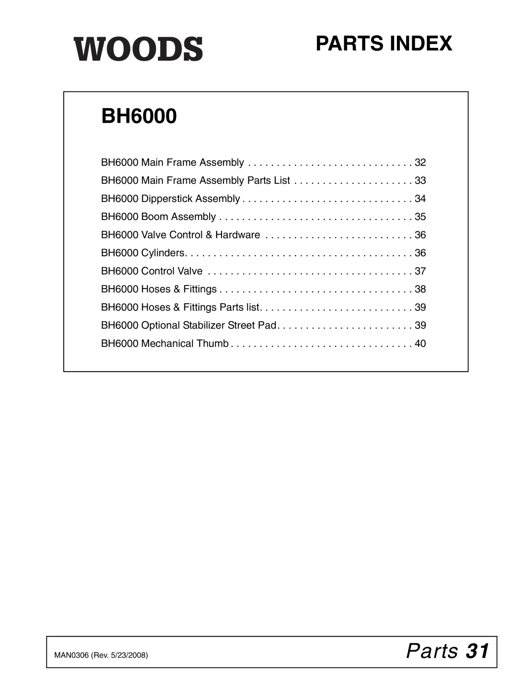 Woods Equipment BH6000 manual Parts Index 