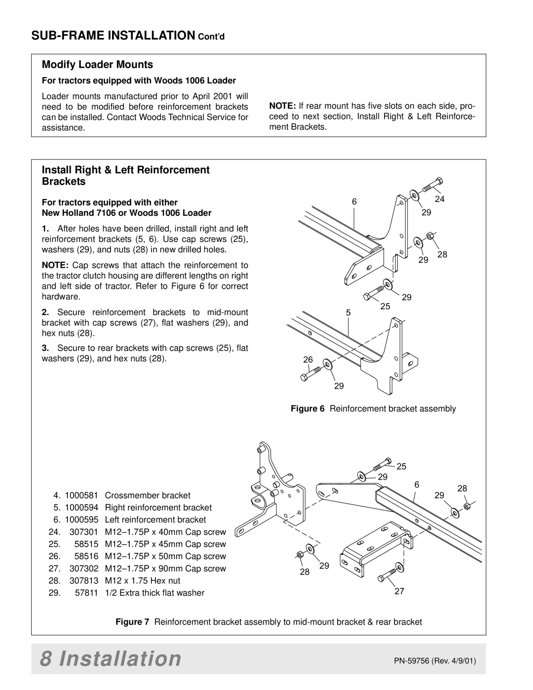 Woods Equipment BH6500 manual Install Right & Left Reinforcement Brackets, For tractors equipped with Woods 1006 Loader 