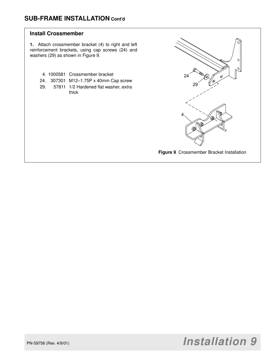 Woods Equipment BH6500 manual Install Crossmember, Crossmember Bracket Installation 