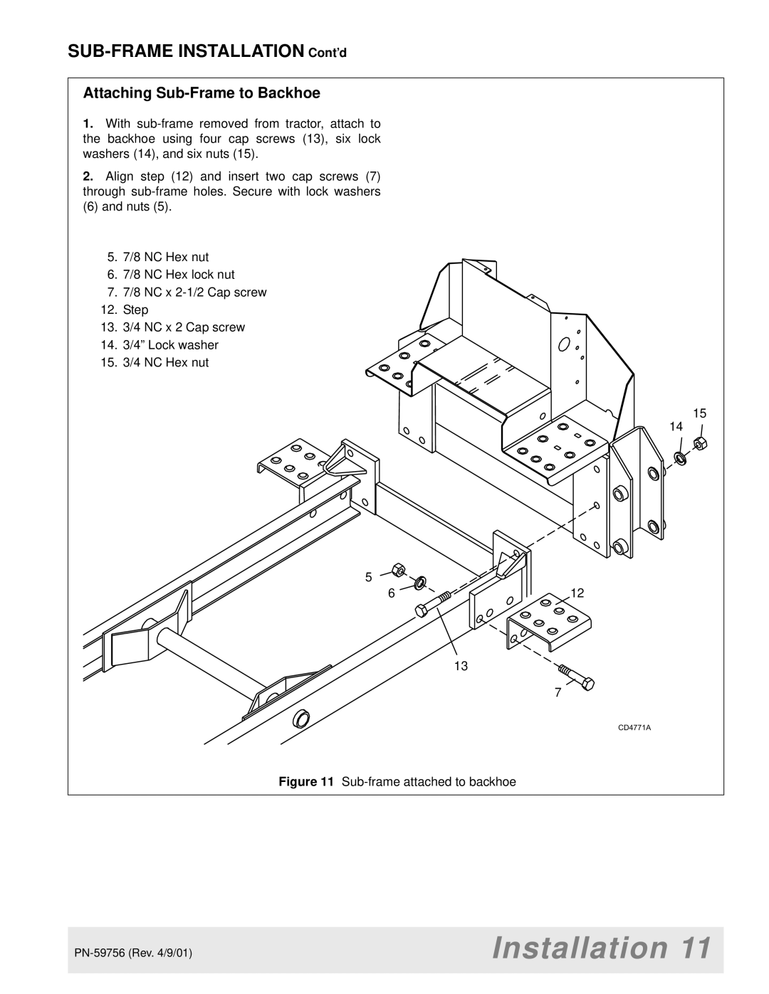 Woods Equipment BH6500 manual Attaching Sub-Frame to Backhoe, Sub-frame attached to backhoe 