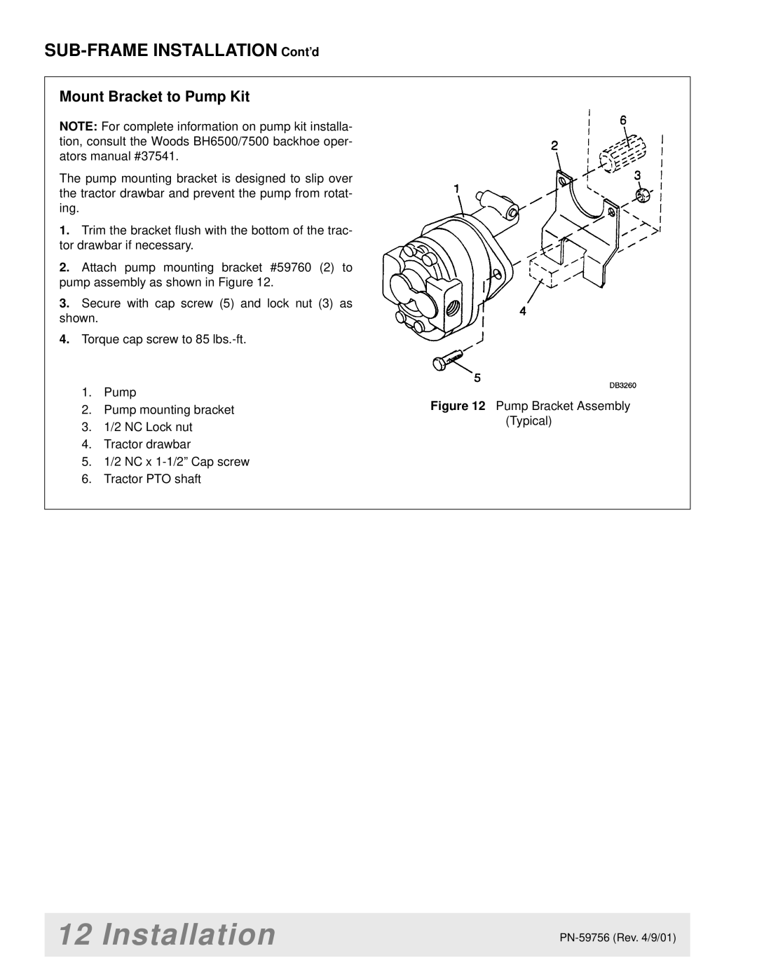 Woods Equipment BH6500 manual Mount Bracket to Pump Kit, Pump Bracket Assembly Typical 