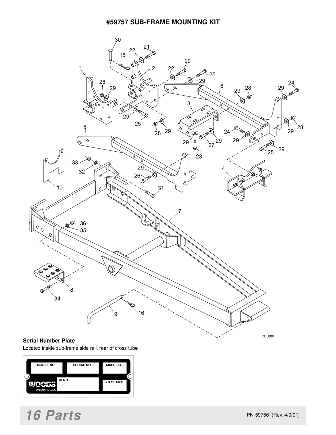 Woods Equipment BH6500 manual Parts, #59757 SUB-FRAME Mounting KIT 