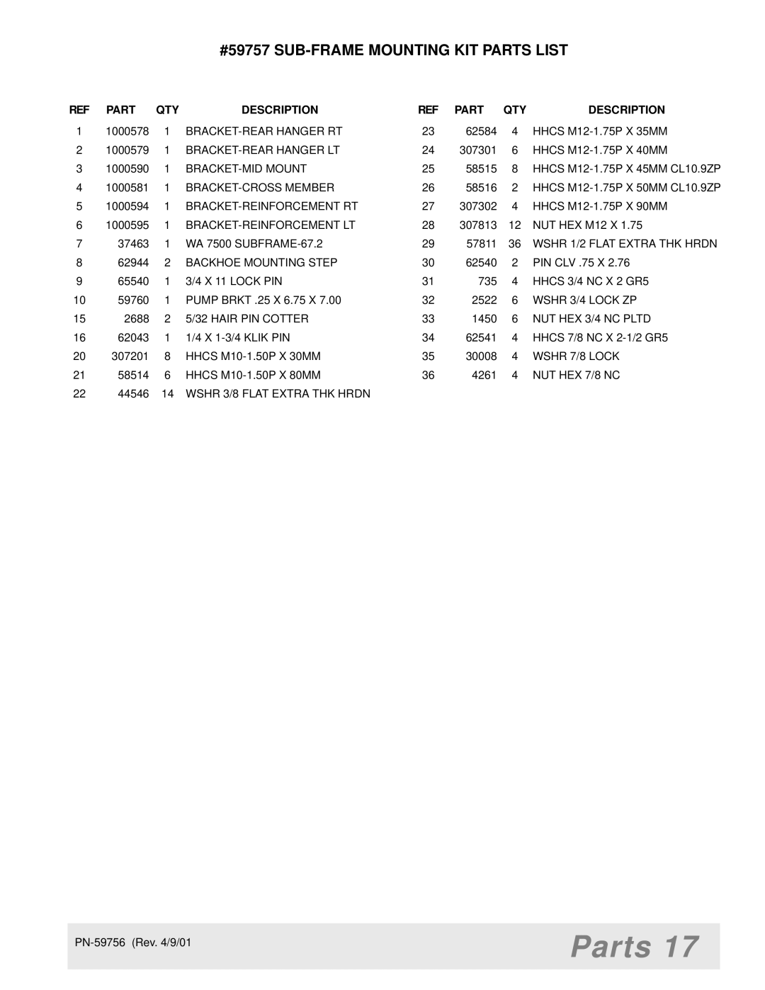 Woods Equipment BH6500 manual #59757 SUB-FRAME Mounting KIT Parts List, Part QTY Description 