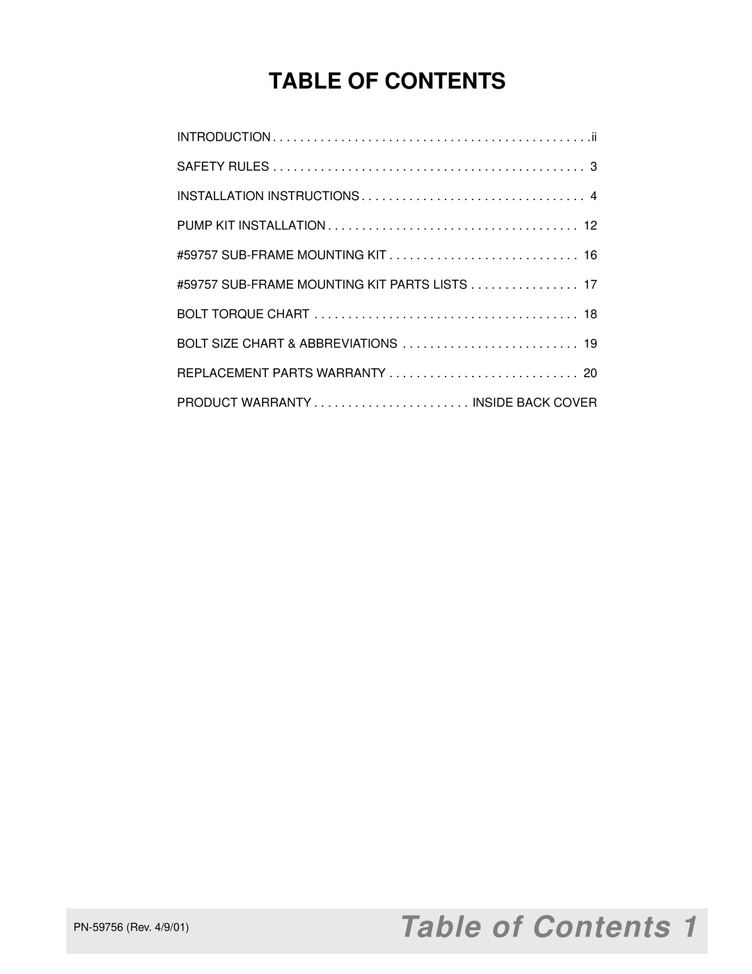 Woods Equipment BH6500 manual Table of Contents 