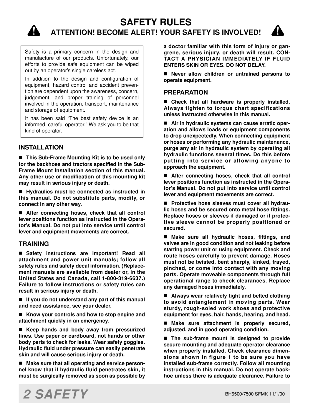 Woods Equipment BH6500 manual Safety Rules, Installation, Training, Preparation 