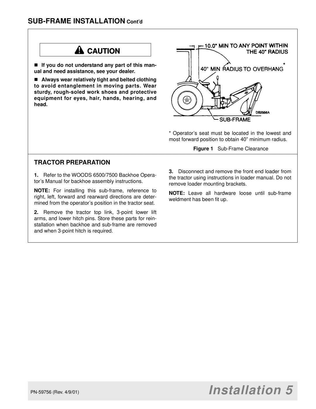 Woods Equipment BH6500 manual SUB-FRAME Installation Cont’d, Tractor Preparation 