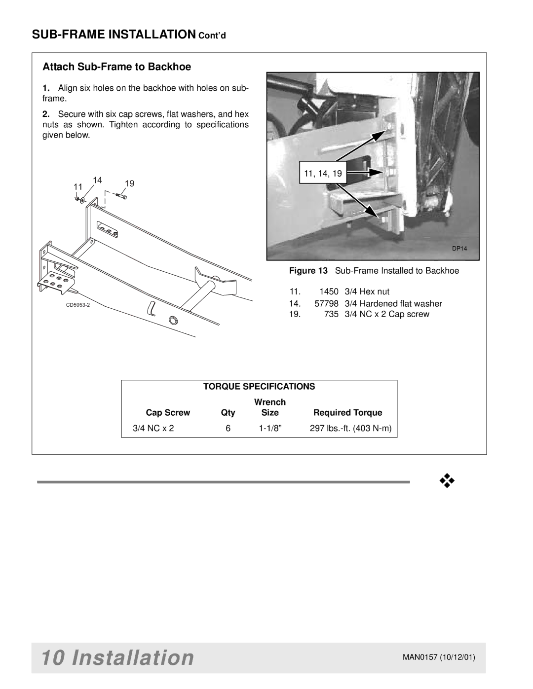 Woods Equipment BH7500 manual Attach Sub-Frame to Backhoe, Sub-Frame Installed to Backhoe 