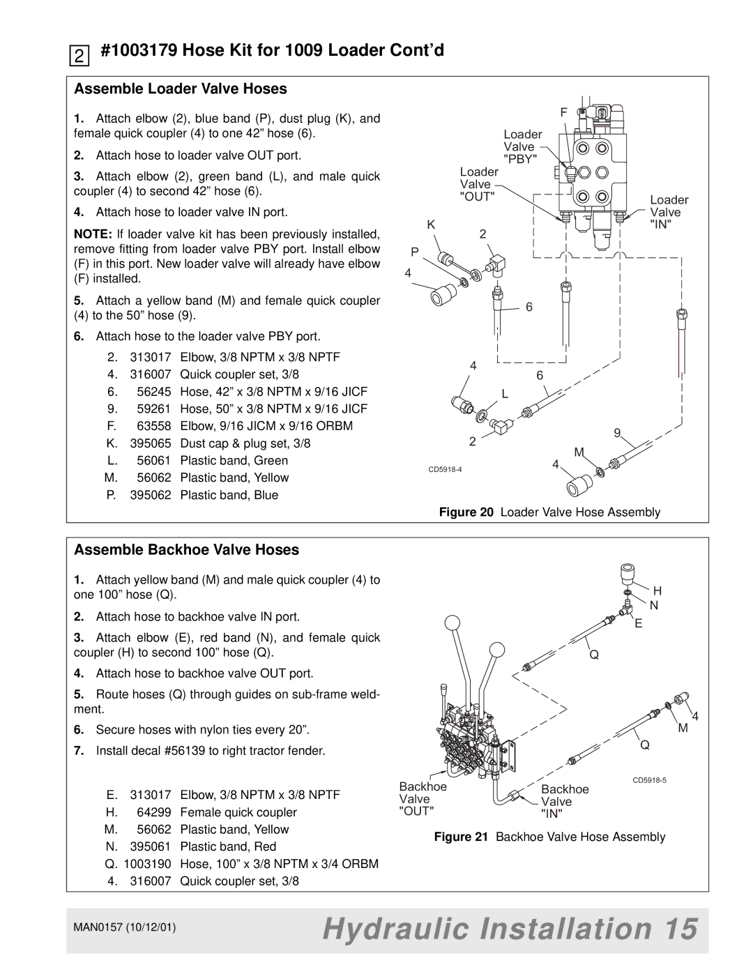 Woods Equipment BH7500 manual Assemble Loader Valve Hoses, Assemble Backhoe Valve Hoses 