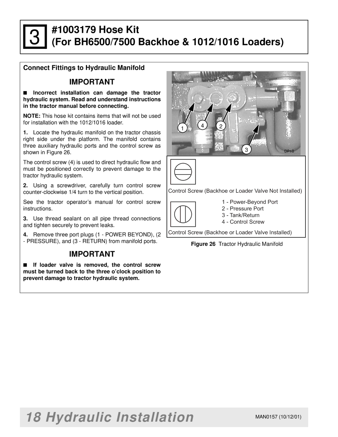 Woods Equipment BH7500 manual Connect Fittings to Hydraulic Manifold 