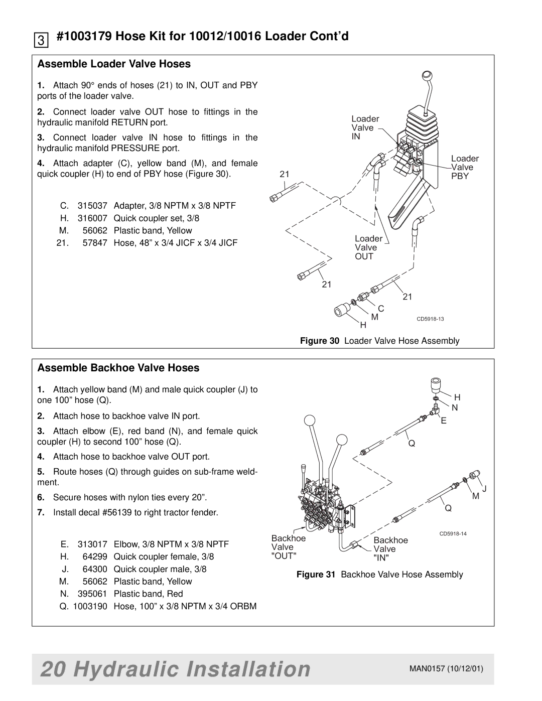 Woods Equipment BH7500 manual #1003179 Hose Kit for 10012/10016 Loader Cont’d, Assemble Loader Valve Hoses 