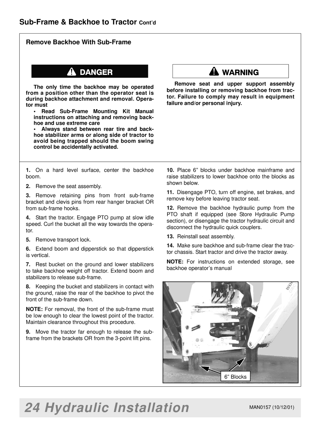 Woods Equipment BH7500 manual Sub-Frame & Backhoe to Tractor Cont’d, Remove Backhoe With Sub-Frame 