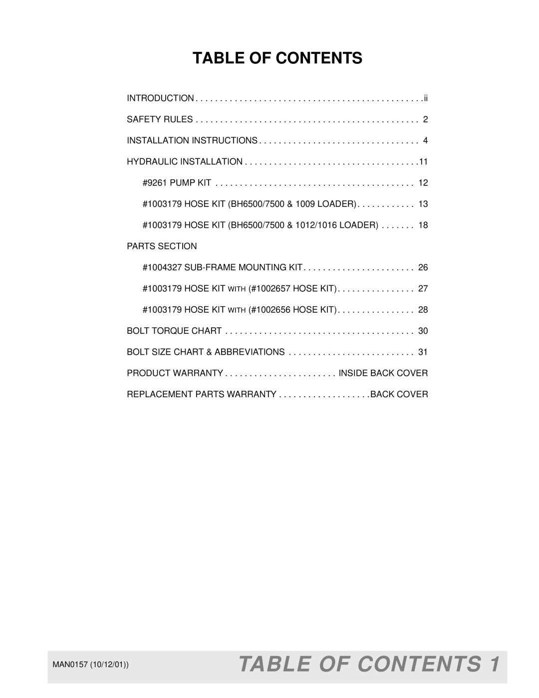 Woods Equipment BH7500 manual Table of Contents 