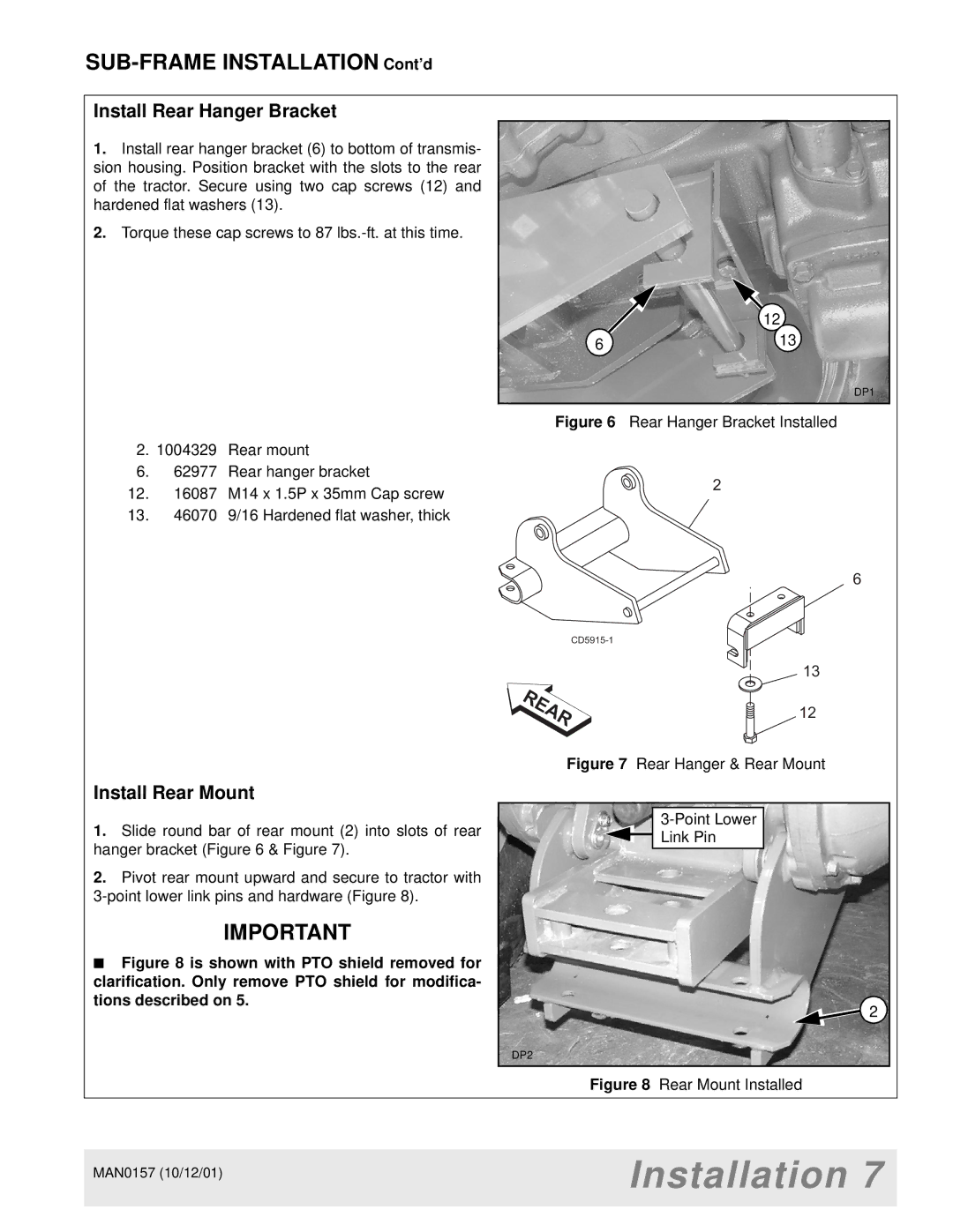 Woods Equipment BH7500 manual Install Rear Hanger Bracket, Install Rear Mount 