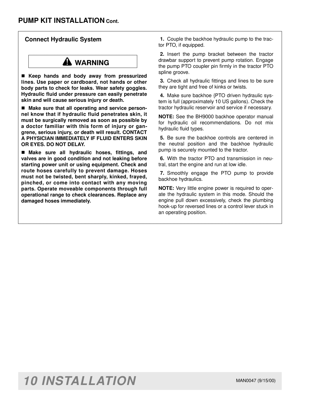 Woods Equipment BH9000 manual Pump KIT Installation, Connect Hydraulic System 