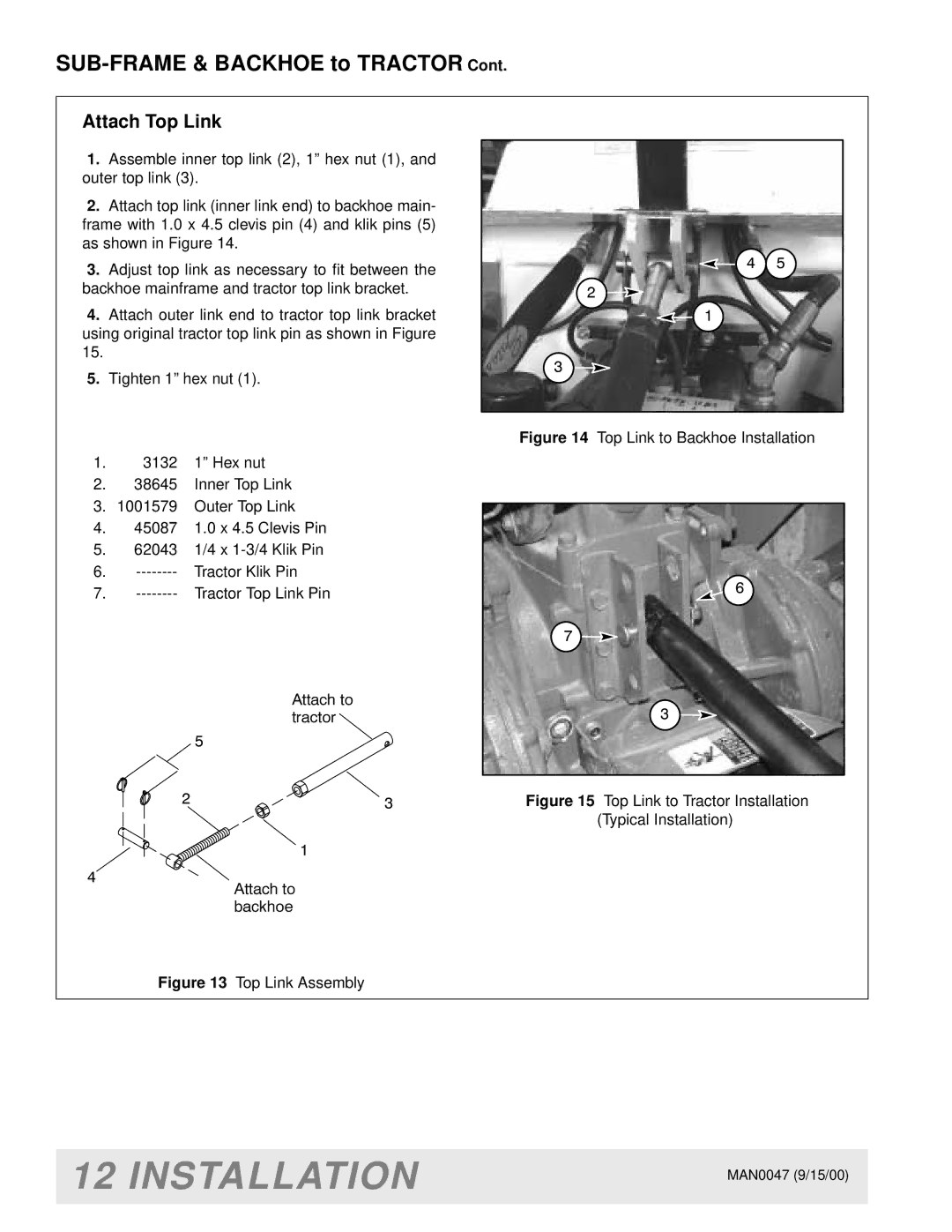 Woods Equipment BH9000 manual SUB-FRAME & Backhoe to Tractor, Attach Top Link 