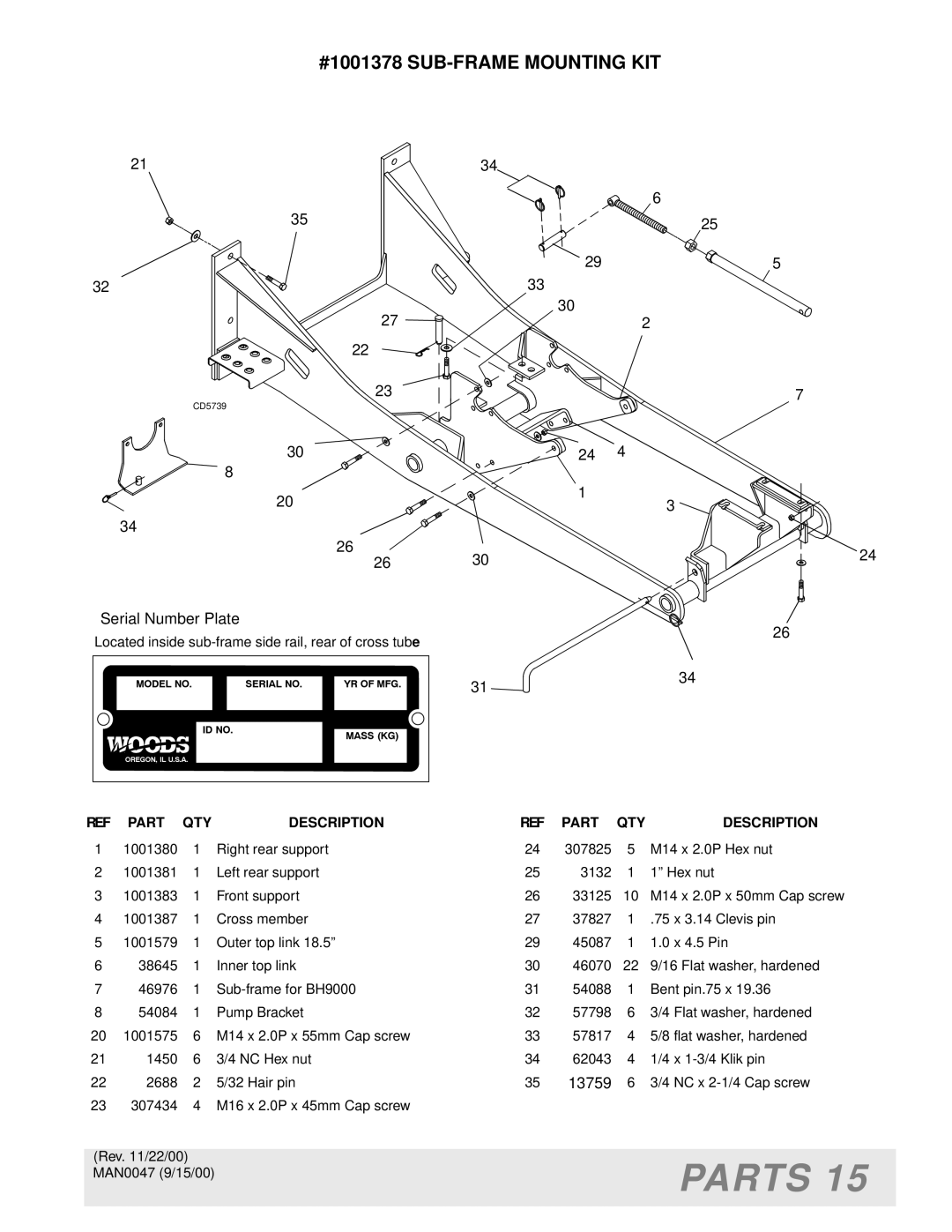 Woods Equipment BH9000 manual Parts, #1001378 SUB-FRAME Mounting KIT 