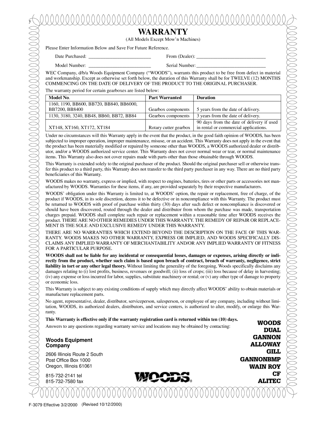 Woods Equipment BH9000 manual Model No Part Warranted Duration 