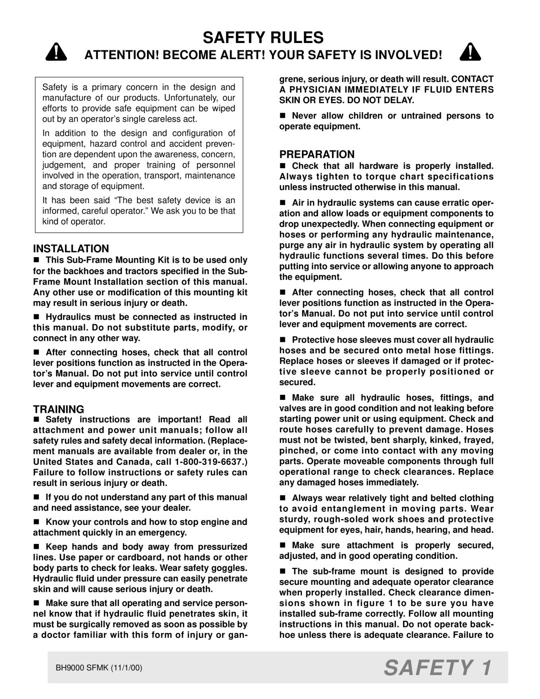 Woods Equipment BH9000 manual Safety Rules, Installation, Training, Preparation 