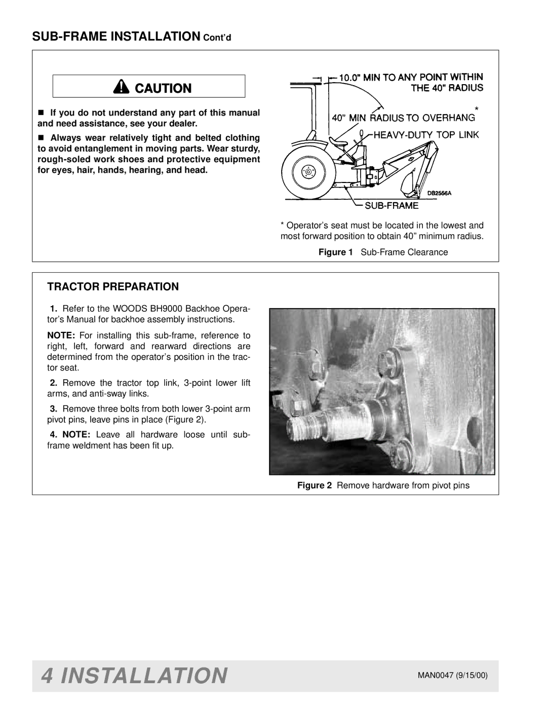 Woods Equipment BH9000 manual SUB-FRAME Installation Cont’d, Tractor Preparation 