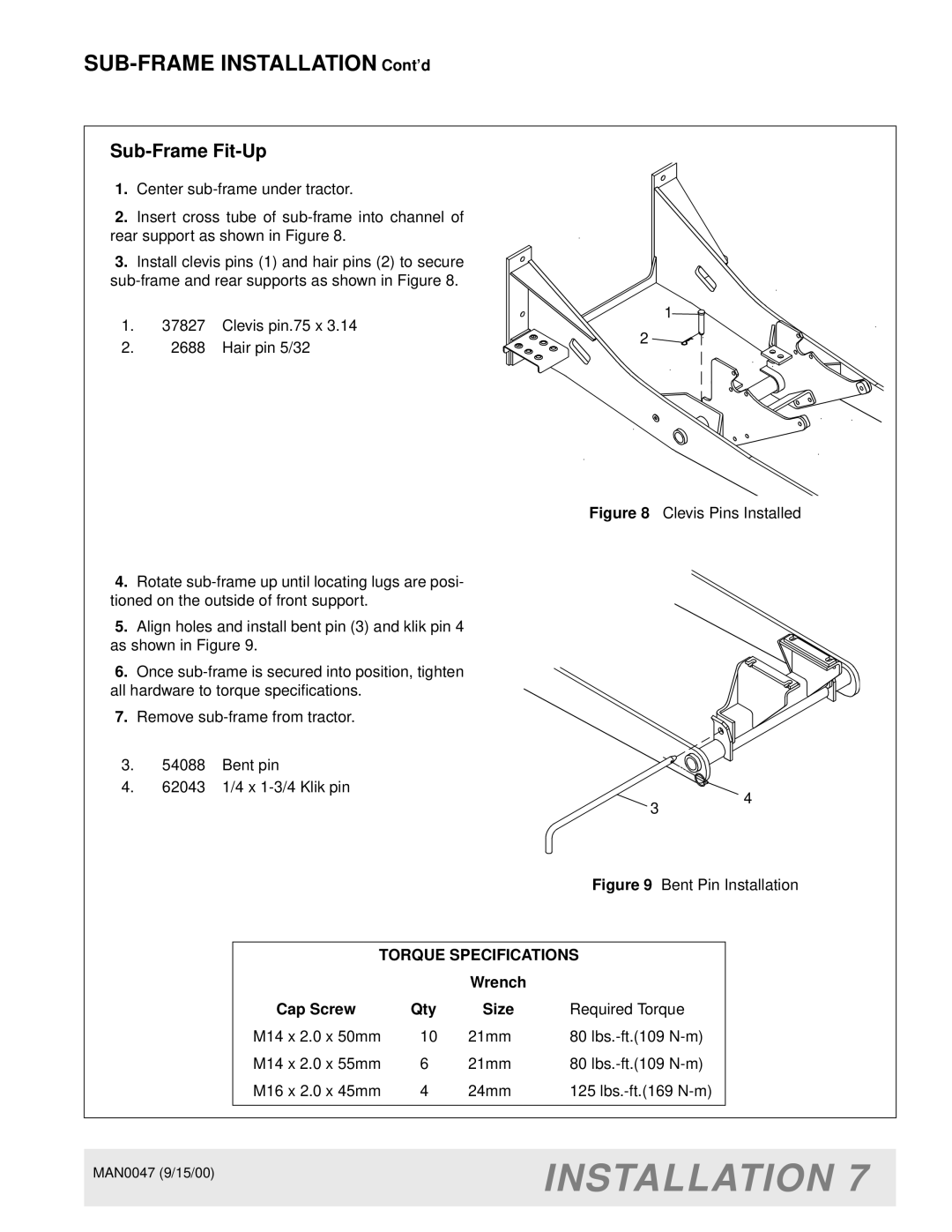 Woods Equipment BH9000 manual Sub-Frame Fit-Up, Torque Specifications 