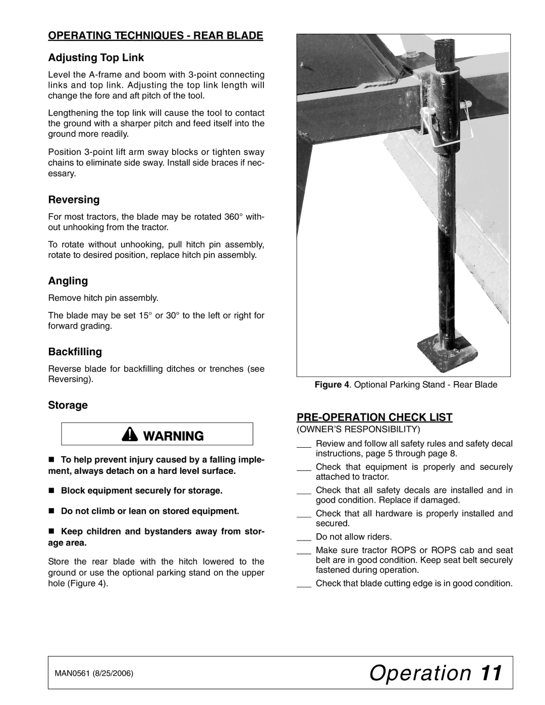 Woods Equipment BSE4 manual Operating Techniques Rear Blade, Reversing, Angling, PRE-OPERATION Check List 