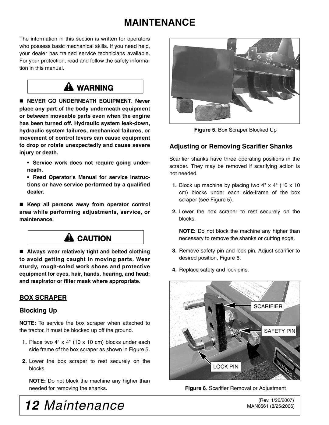 Woods Equipment BSE4 manual Maintenance, BOX Scraper, Blocking Up, Adjusting or Removing Scarifier Shanks 