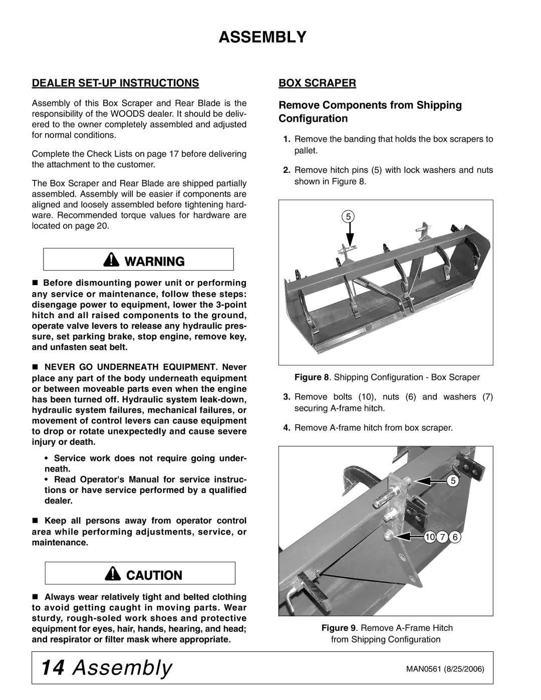 Woods Equipment BSE4 manual Assembly, Dealer SET-UP Instructions, Remove Components from Shipping Configuration 