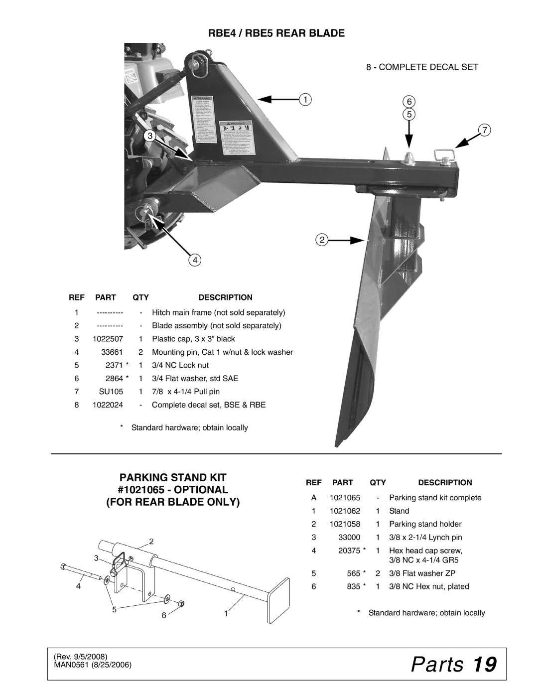 Woods Equipment BSE4 manual RBE4 / RBE5 Rear Blade, Parking Stand KIT #1021065 Optional for Rear Blade only 