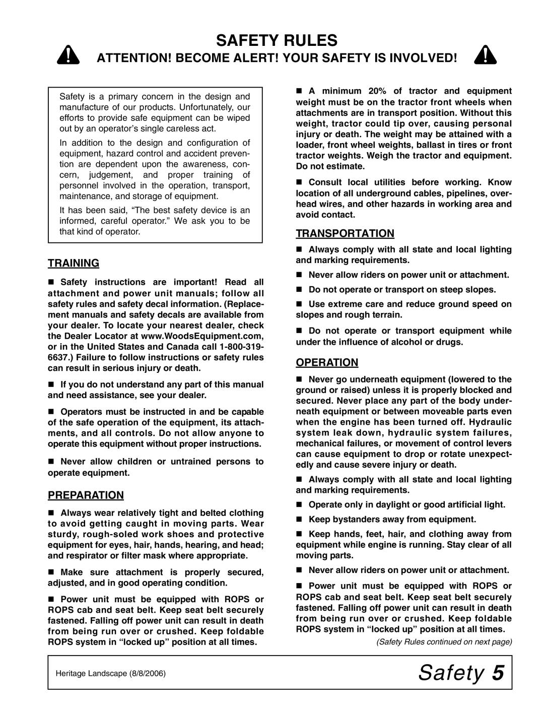 Woods Equipment BSE4 manual Safety Rules 