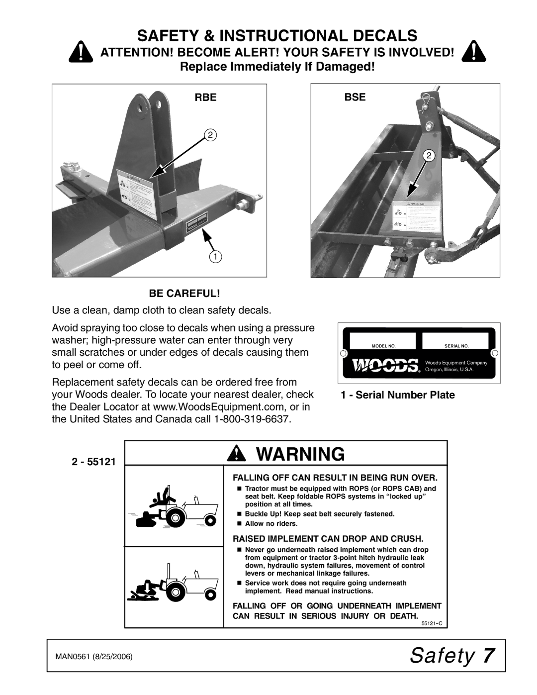 Woods Equipment BSE4 manual Safety & Instructional Decals, RBE BSE Be Careful, Serial Number Plate 