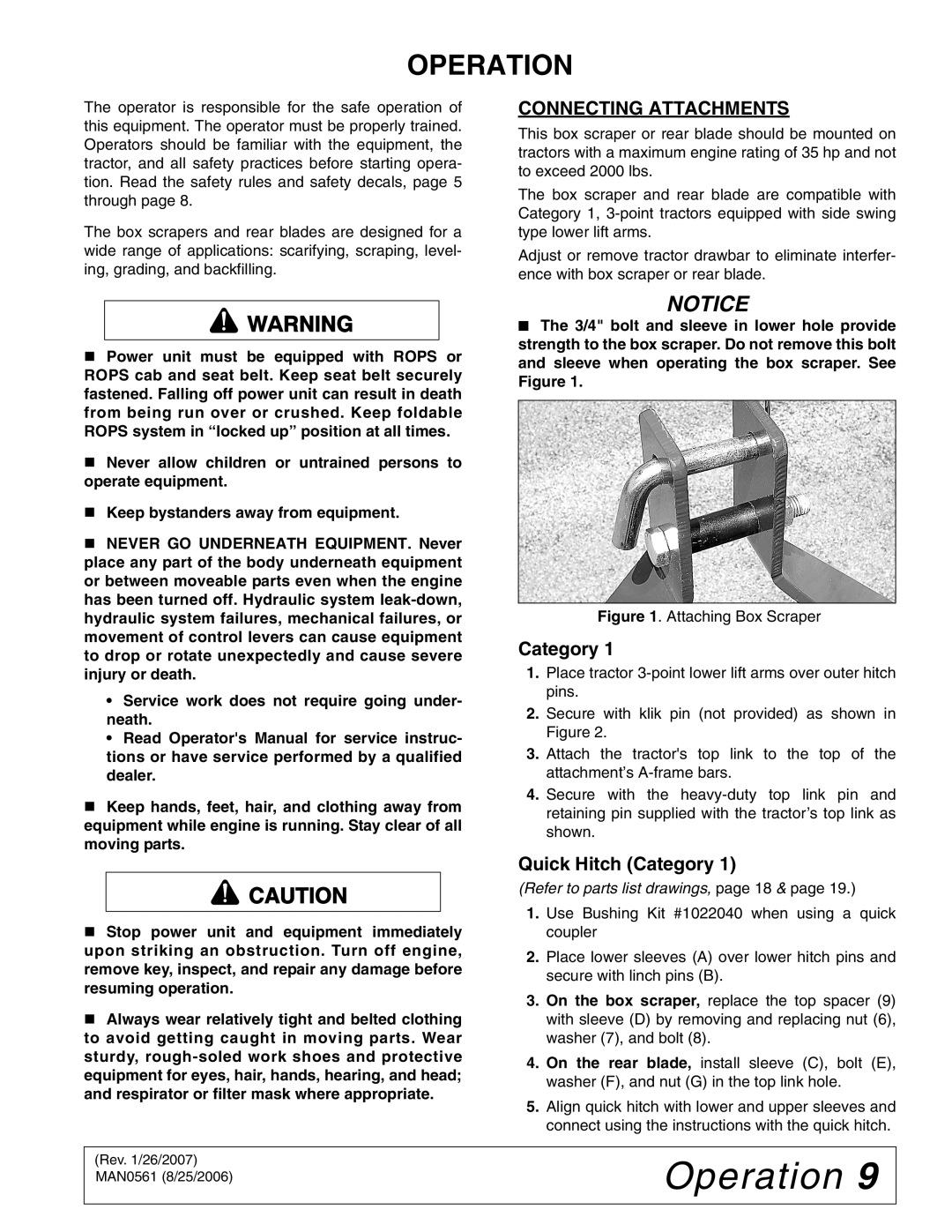 Woods Equipment BSE4 manual Operation, Connecting Attachments, Quick Hitch Category 