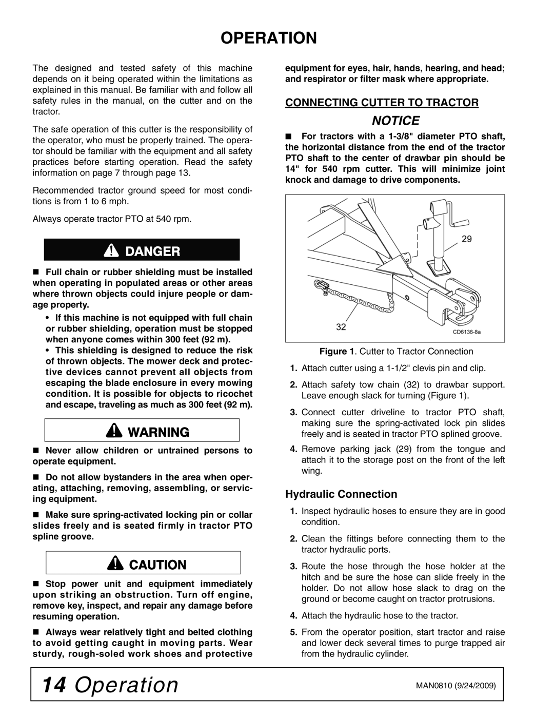 Woods Equipment BW15LH manual Operation, Connecting Cutter to Tractor, Hydraulic Connection 