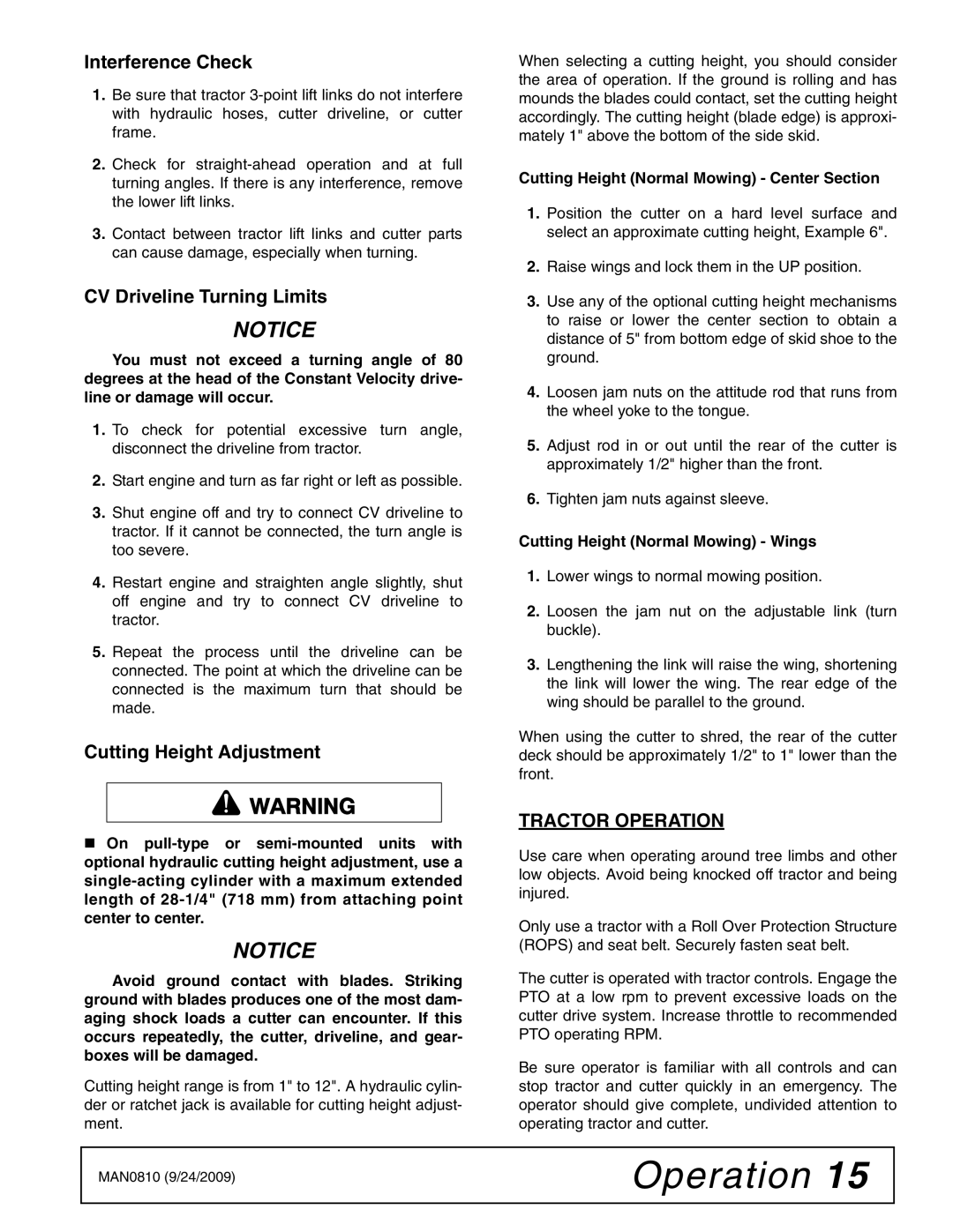 Woods Equipment BW15LH manual Interference Check, CV Driveline Turning Limits, Cutting Height Adjustment, Tractor Operation 
