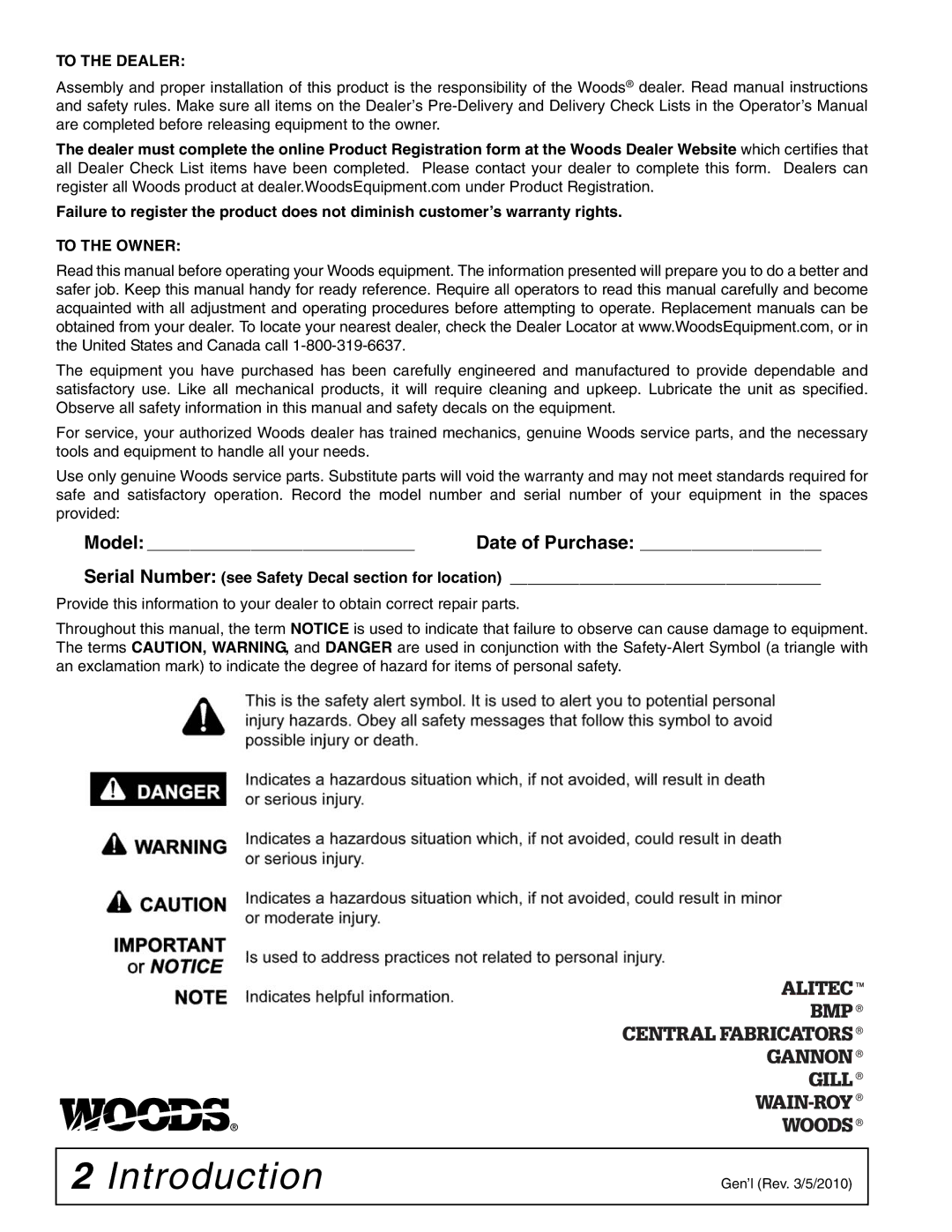 Woods Equipment BW15LH manual Introduction, To the Dealer 