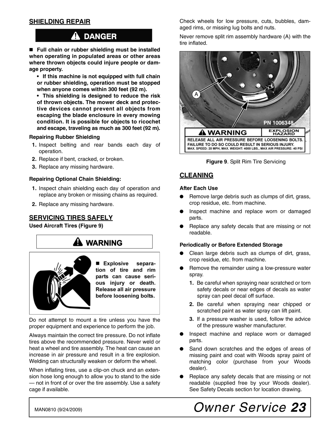 Woods Equipment BW15LH manual Shielding Repair, Servicing Tires Safely, Cleaning 