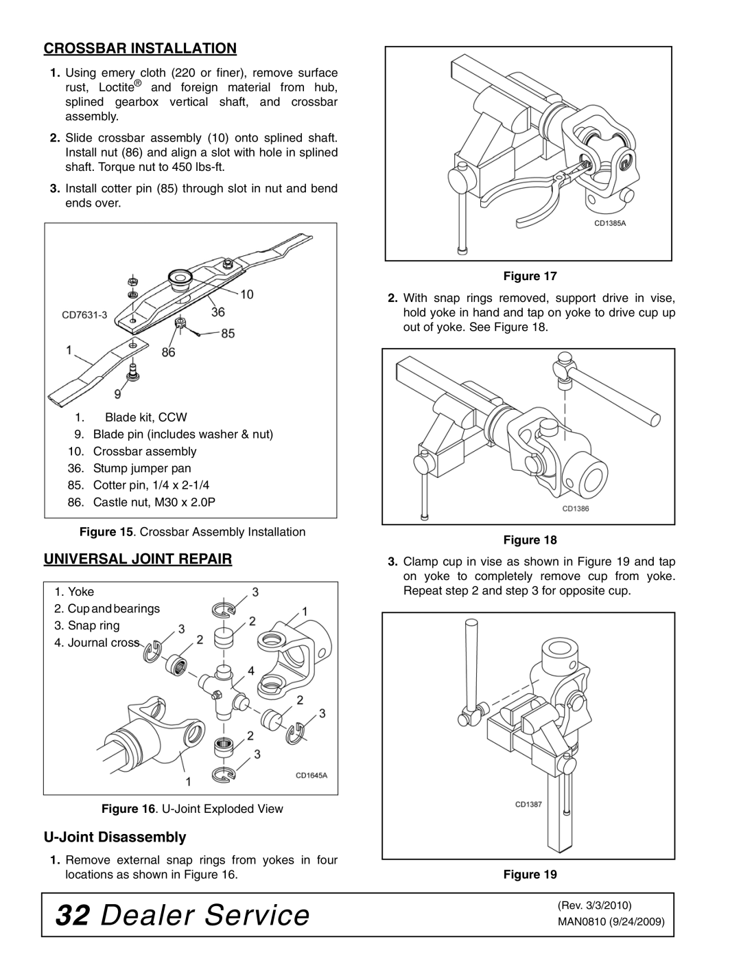 Woods Equipment BW15LH manual Crossbar Installation, Universal Joint Repair, Joint Disassembly 