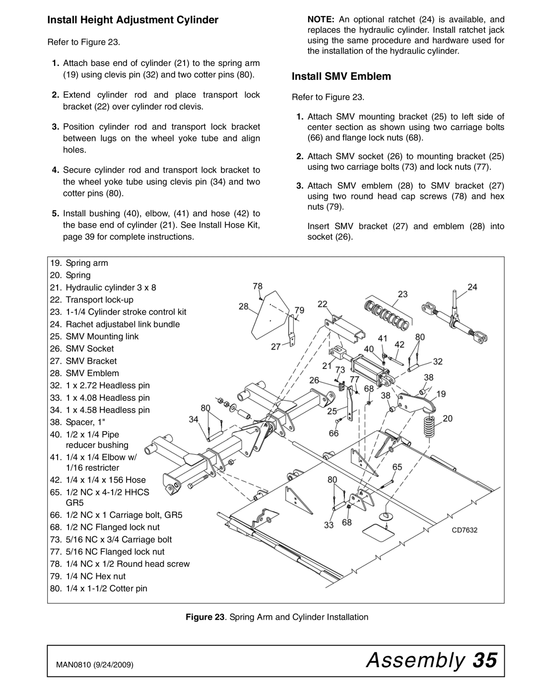 Woods Equipment BW15LH manual Install Height Adjustment Cylinder, Install SMV Emblem 